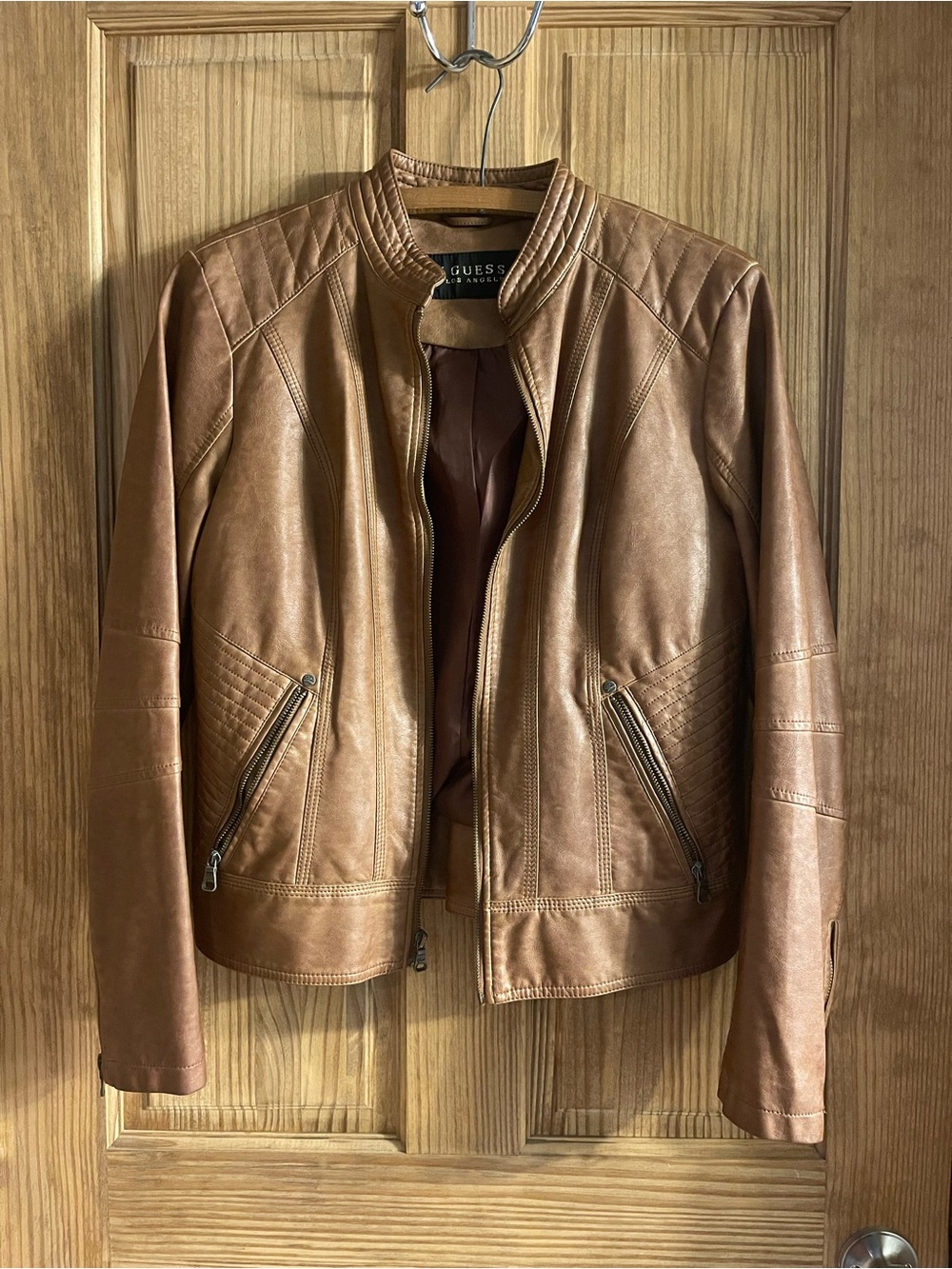 GUESS Women's Brown Faux Leather Moto Jacket
